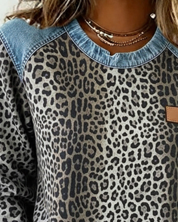 Leopard Print Denim Patchwork Pullover