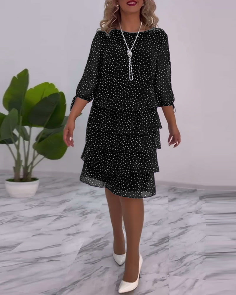 Women’s Polka Dot Chiffon Midi Dress – Navy White Tiered Elegant Three-Quarter Sleeve Dress