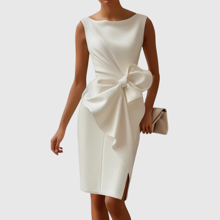 Luxurious Intricately Sculpted Bow Charmeuse Satin Cascading Draperies Midi Dress