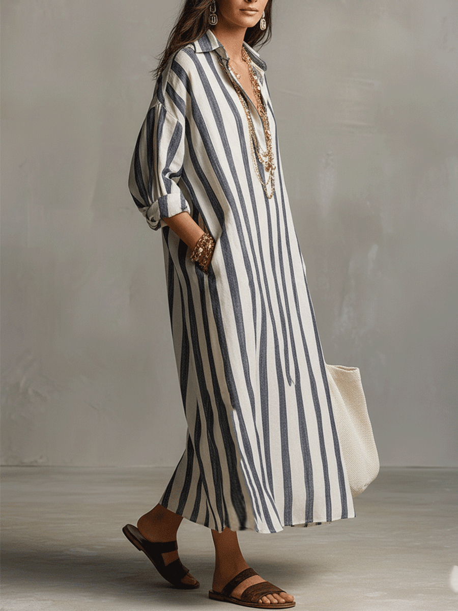 Bohemian-Chic Vertical Striped Patterned Stripe Elongating Silhouette Maxi Dress