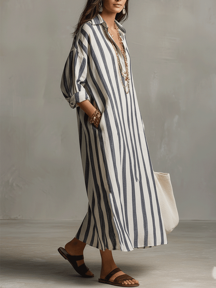 Bohemian-Chic Vertical Striped Patterned Stripe Elongating Silhouette Maxi Dress