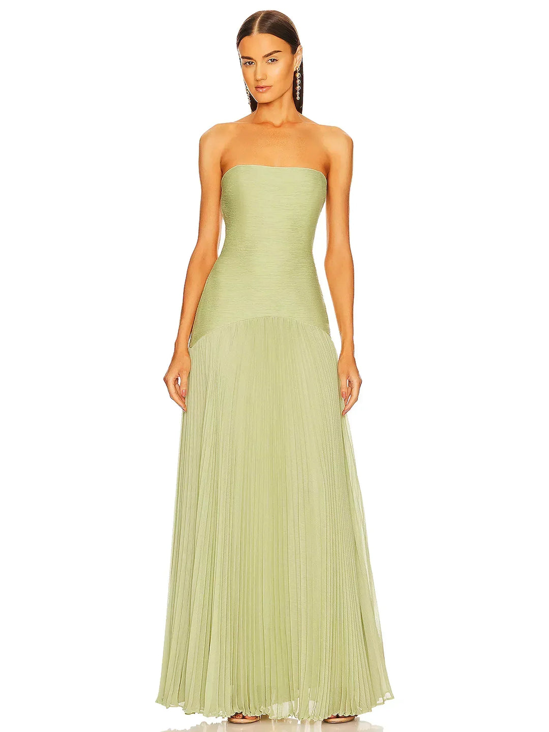 Women’s Sage Green Silk Maxi Dress – Elegant Strapless Pleated Charmeuse Evening Formal Dress