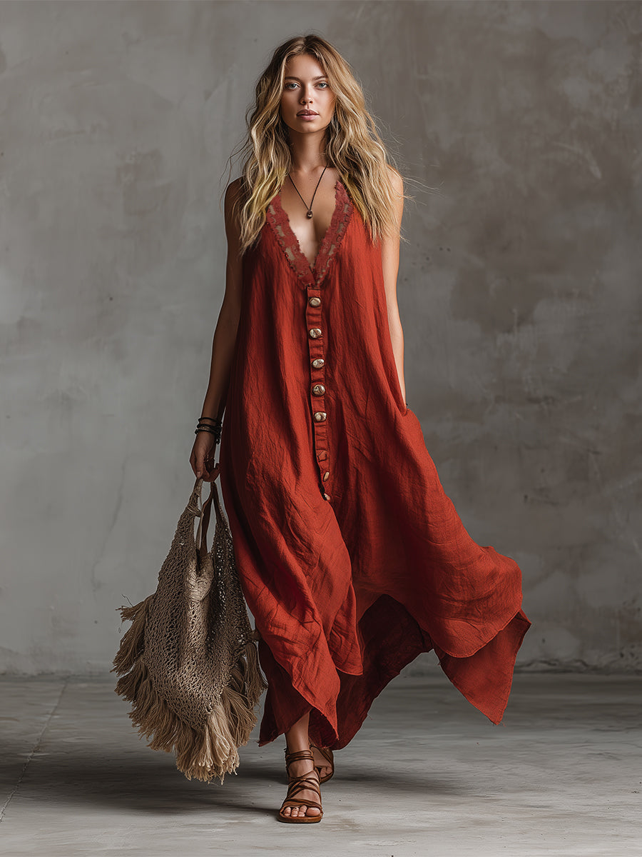 Women’s Cotton Linen Maxi Dress – V-Neck Button Front Lace Trim Breathable Summer Dress