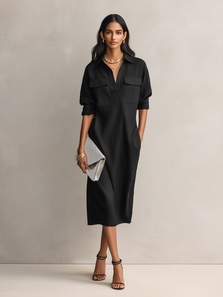 Women’s Cotton Linen Midi Dress – Classic Shirt Collar Breathable All-Day Comfort Dress