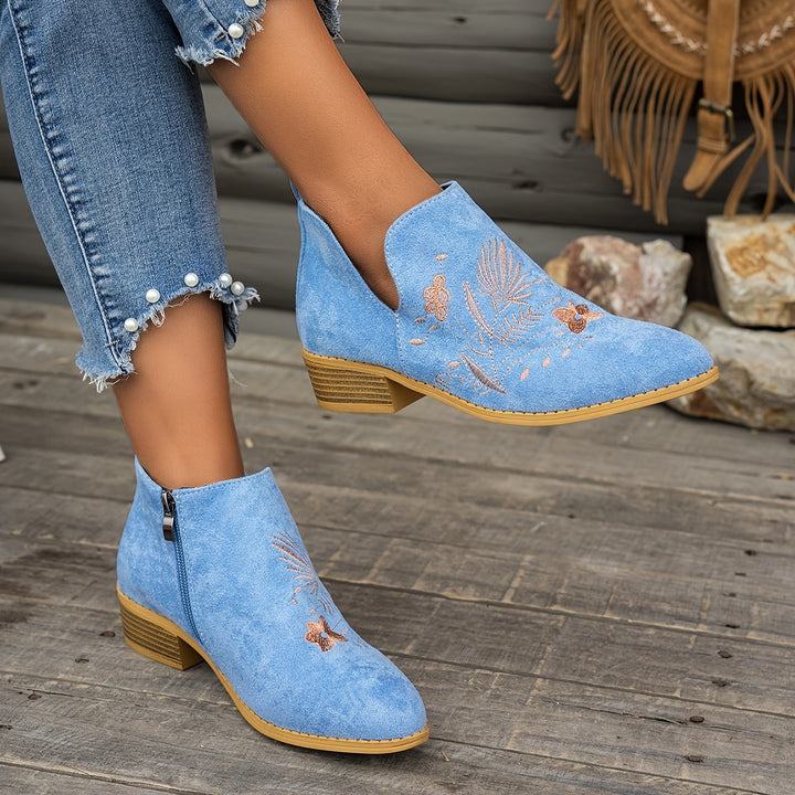 Isadora | Embroidered Low Heel Ankle Boots