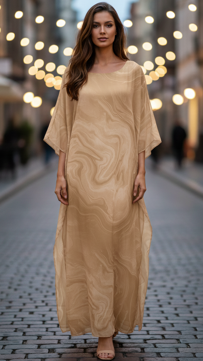 Women’s Golden Chiffon Kaftan Maxi Dress – Elegant Batwing Sleeve Evening Wear Dress