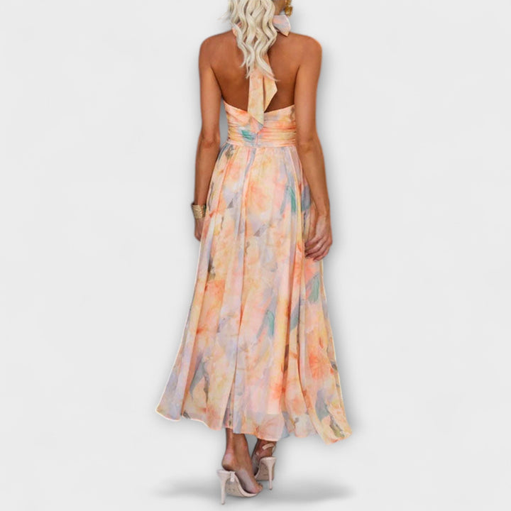 Women’s Watercolor Print Maxi Dress – Luxurious Halter Neck Open Back Flowing Silhouette Dress