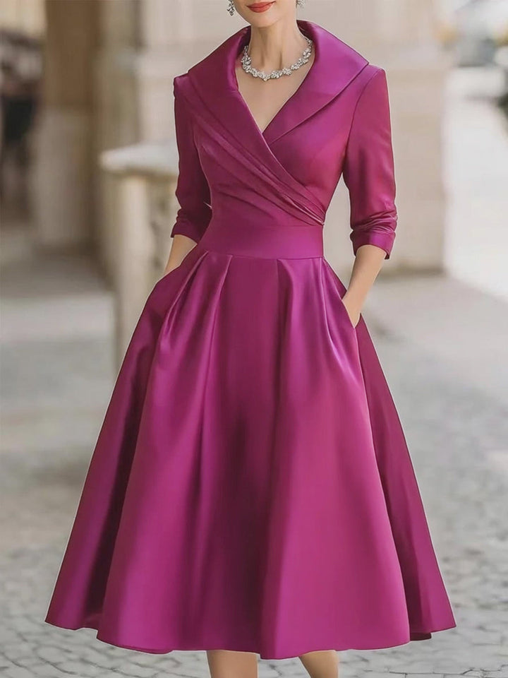 Vintage Inspired Draped Shawl Collar Black Satin Elegantly Fitted Bodice Midi Dress