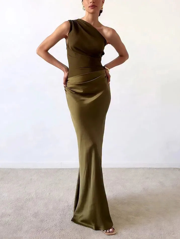 Exquisite One Shoulder Pleated Georgette Velvet Showstopper Silhouette Maxi Dress