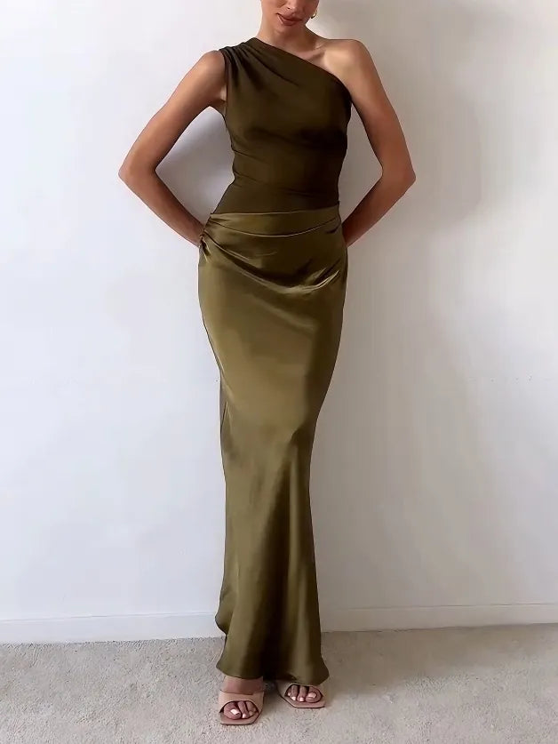 Exquisite One Shoulder Pleated Georgette Velvet Showstopper Silhouette Maxi Dress