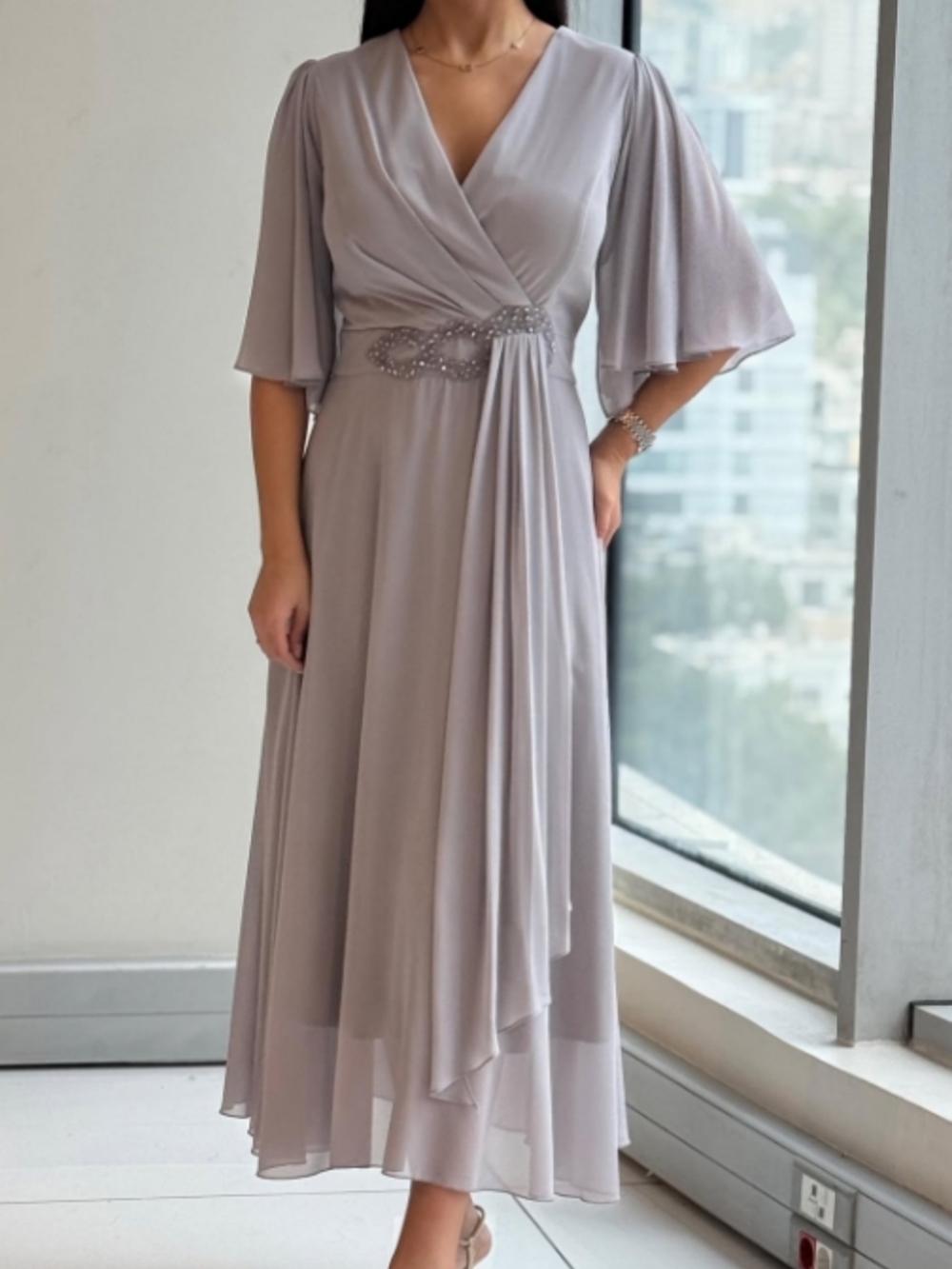 Women’s V-Neck Maxi Dress – Luxurious Textured Panel All-Day Comfort Evening Dress