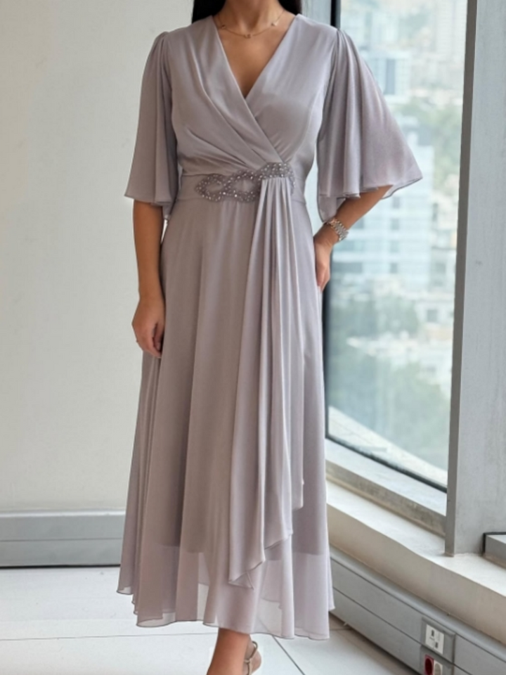 Women’s V-Neck Maxi Dress – Luxurious Textured Panel All-Day Comfort Evening Dress