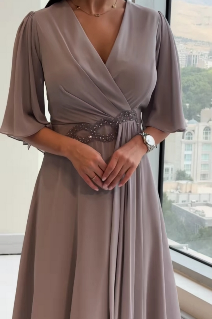 Women’s V-Neck Maxi Dress – Luxurious Textured Panel All-Day Comfort Evening Dress