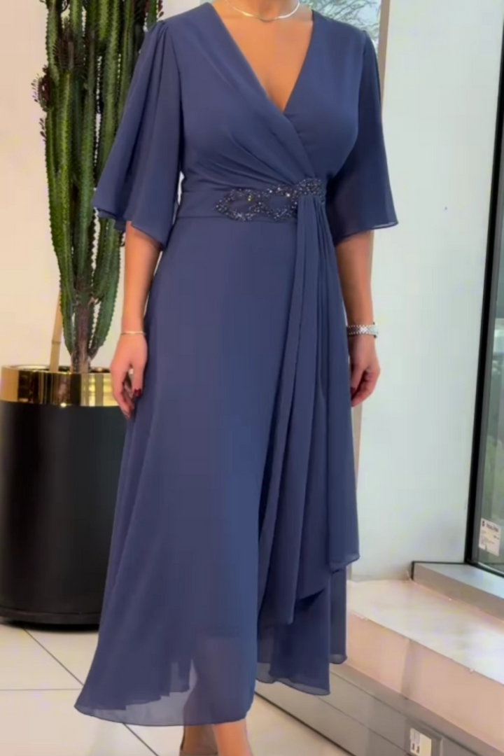 Women’s V-Neck Maxi Dress – Luxurious Textured Panel All-Day Comfort Evening Dress