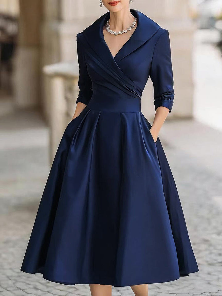 vintage-inspired satin midi dress with draped collar Vintage Inspired Satin Midi Dress With Draped Collar