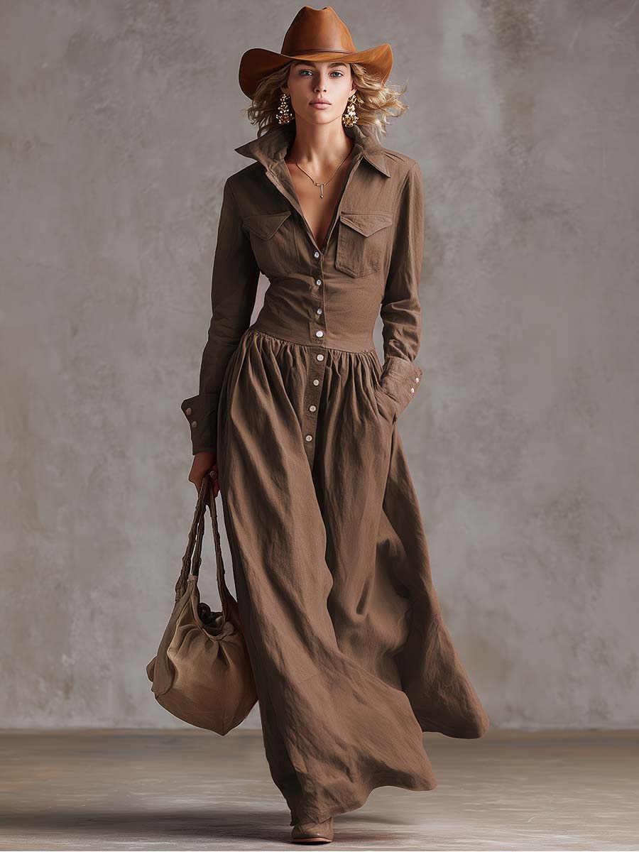 UltraLuxurious Breathable Lapel Front Button Trench Coat CottonLinenBlend Maxi Dress