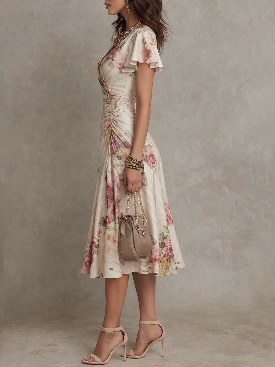 Romantic Vintage Floral Chiffon With Ivory Blush Print Midi Dress