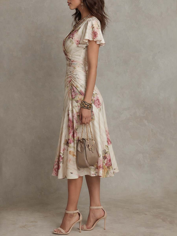 Romantic Vintage Floral Chiffon With Ivory Blush Print Midi Dress