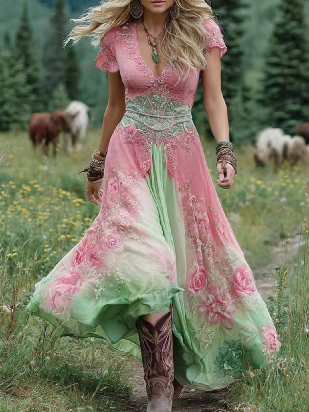 Romantic Gradient Floral Print Ethereal Silhouette Ultra Soft Weave Chiffon Maxi Dress