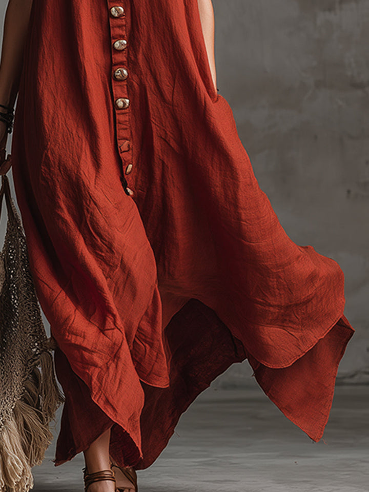 Women’s Cotton Linen Maxi Dress – V-Neck Button Front Lace Trim Breathable Summer Dress