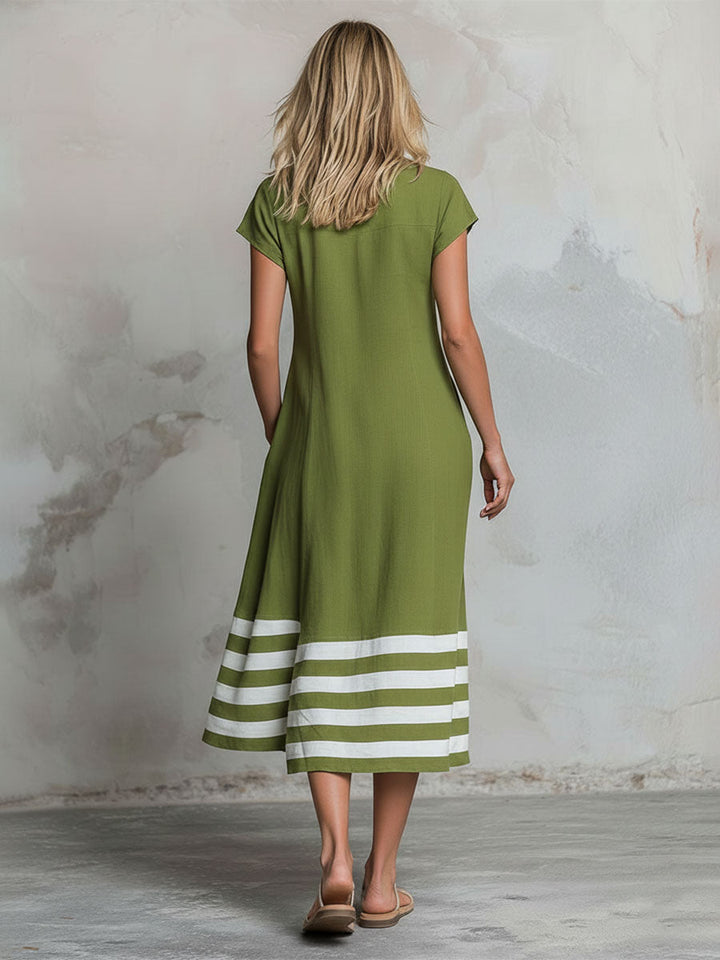 Women’s Cotton Linen Midi Dress – Retro Color Block Striped Casual Everyday Dress
