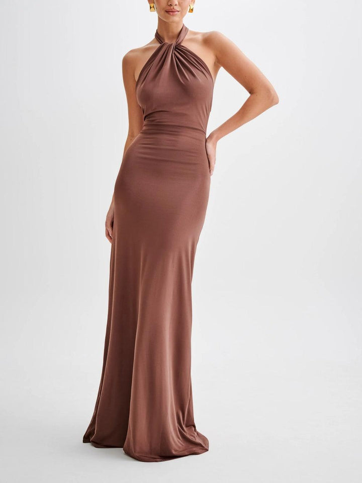 Exquisitely Captivating Halter Neck Silky Slinky Luxurious Ruched Textured Maxi Dress