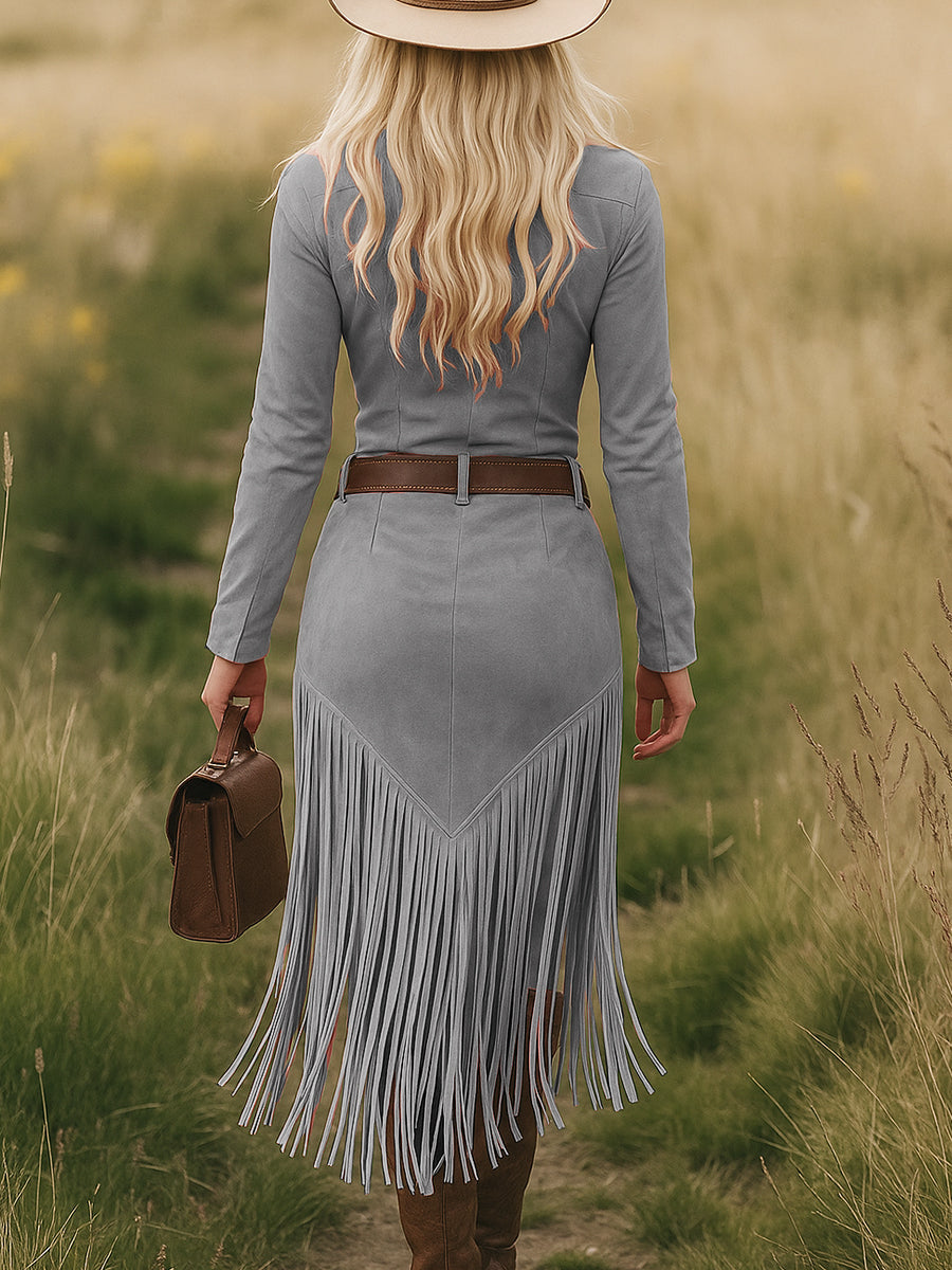 Luxurious Suede Western Lapel Zipper Tassel Belt Midi Dress