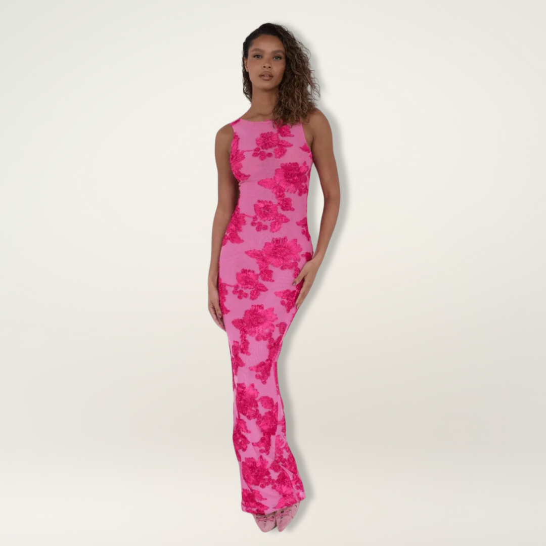Women’s Floral Crepe Maxi Dress – Elegant Flowing Soft Pink Breathable Dress