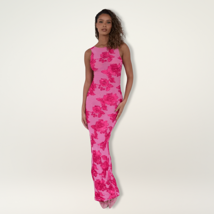 Women’s Floral Crepe Maxi Dress – Elegant Flowing Soft Pink Breathable Dress
