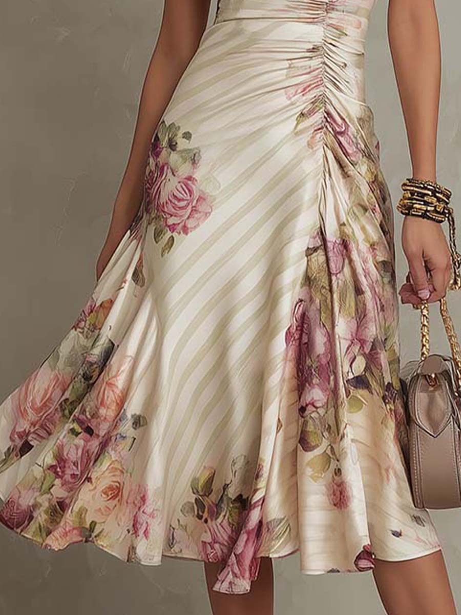 Romantic Vintage Floral Chiffon With Ivory Blush Print Midi Dress