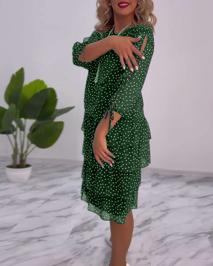 Women’s Polka Dot Chiffon Midi Dress – Navy White Tiered Elegant Three-Quarter Sleeve Dress