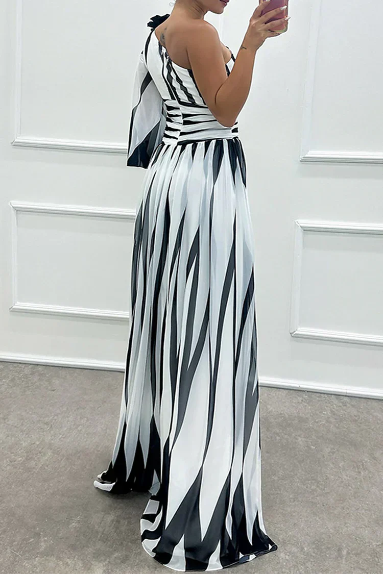 Alluring Sophisticated Pinstriped One Shoulder Sateen Weave Draped Waistline Maxi Dress