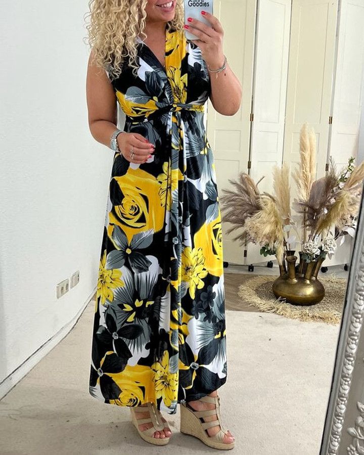 Women’s Purple Black Floral Maxi Dress – V-Neck Tie Front Cinched Waist Elegant Dress