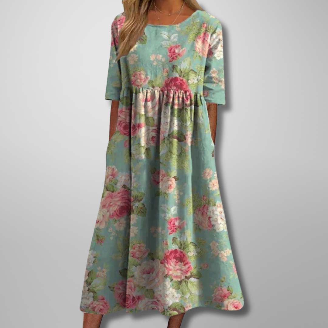 Effortlessly Sophisticated Luxurious Linen Floral Print Flowing Silhouette Midi Dress