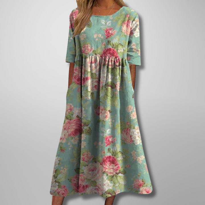 Effortlessly Sophisticated Luxurious Linen Floral Print Flowing Silhouette Midi Dress