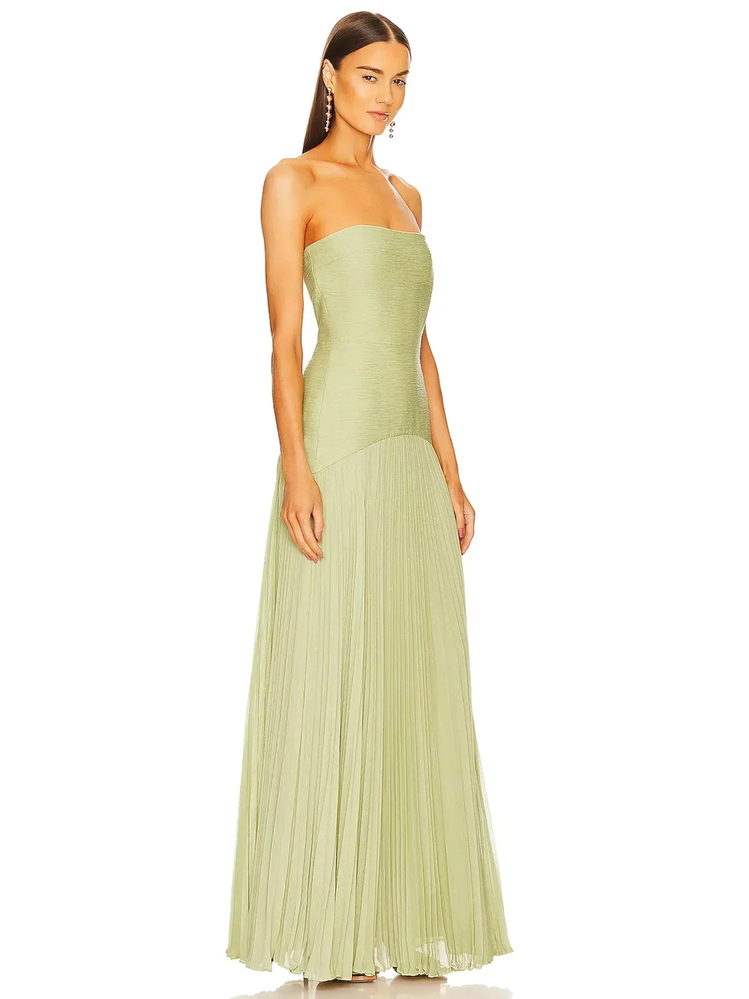 Women’s Sage Green Silk Maxi Dress – Elegant Strapless Pleated Charmeuse Evening Formal Dress
