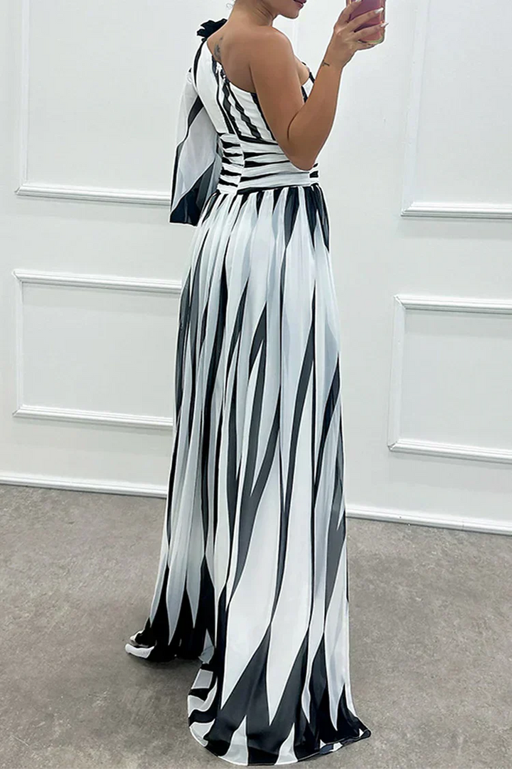 Timeless Elegant One Shoulder Asymmetric Striped Satin Flowing Evening Wear Maxi Dress