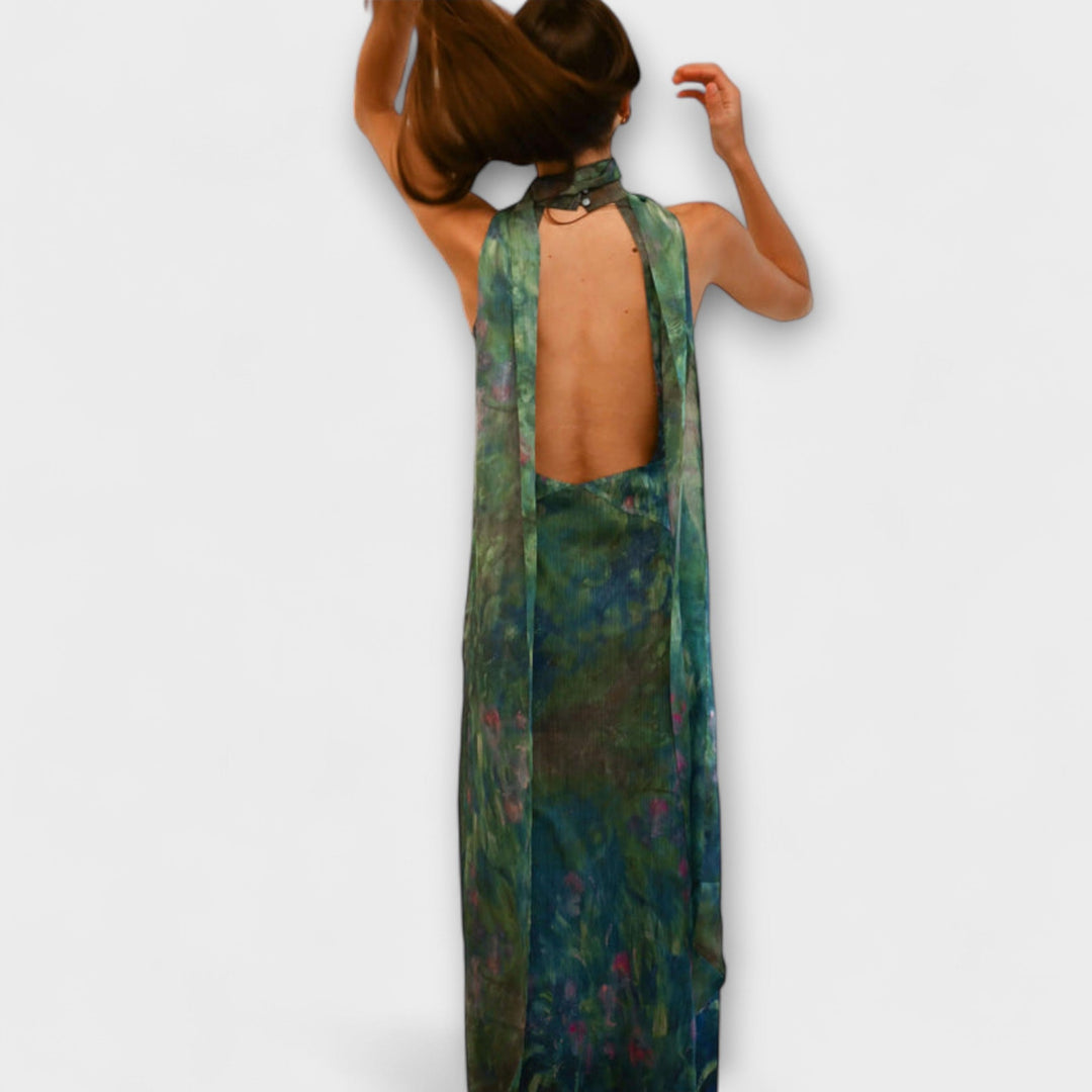 Women’s Iris Print Silk Maxi Dress – Elegant Garden Inspired Draped Silhouette Dress