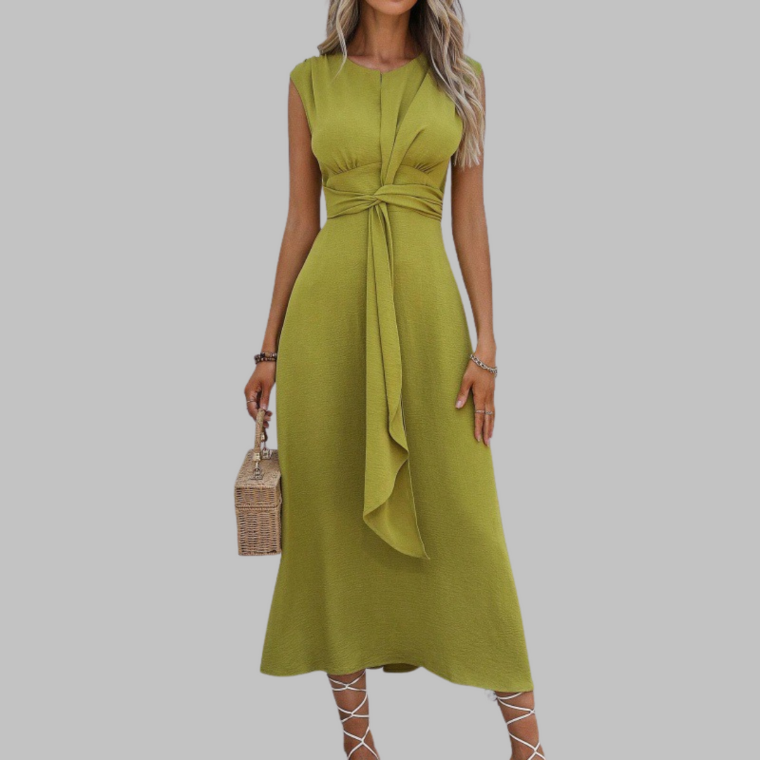 Women’s Crepe Midi Dress – Sophisticated Sleeveless Round Neck Tie Waist Belted Dress