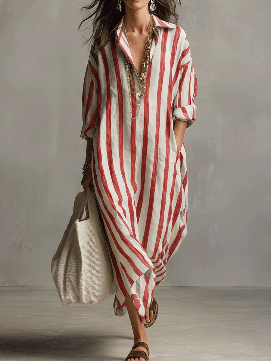 Bohemian-Chic Vertical Striped Patterned Stripe Elongating Silhouette Maxi Dress