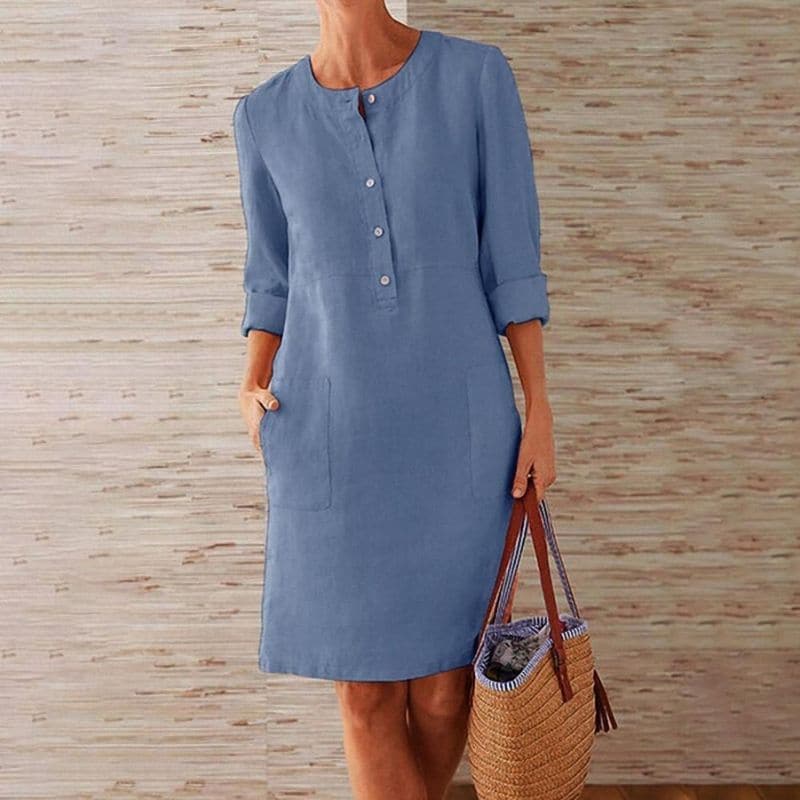 Women’s Cotton Linen Shift Dress – Button Front Knee Length Chic Dress with Pockets