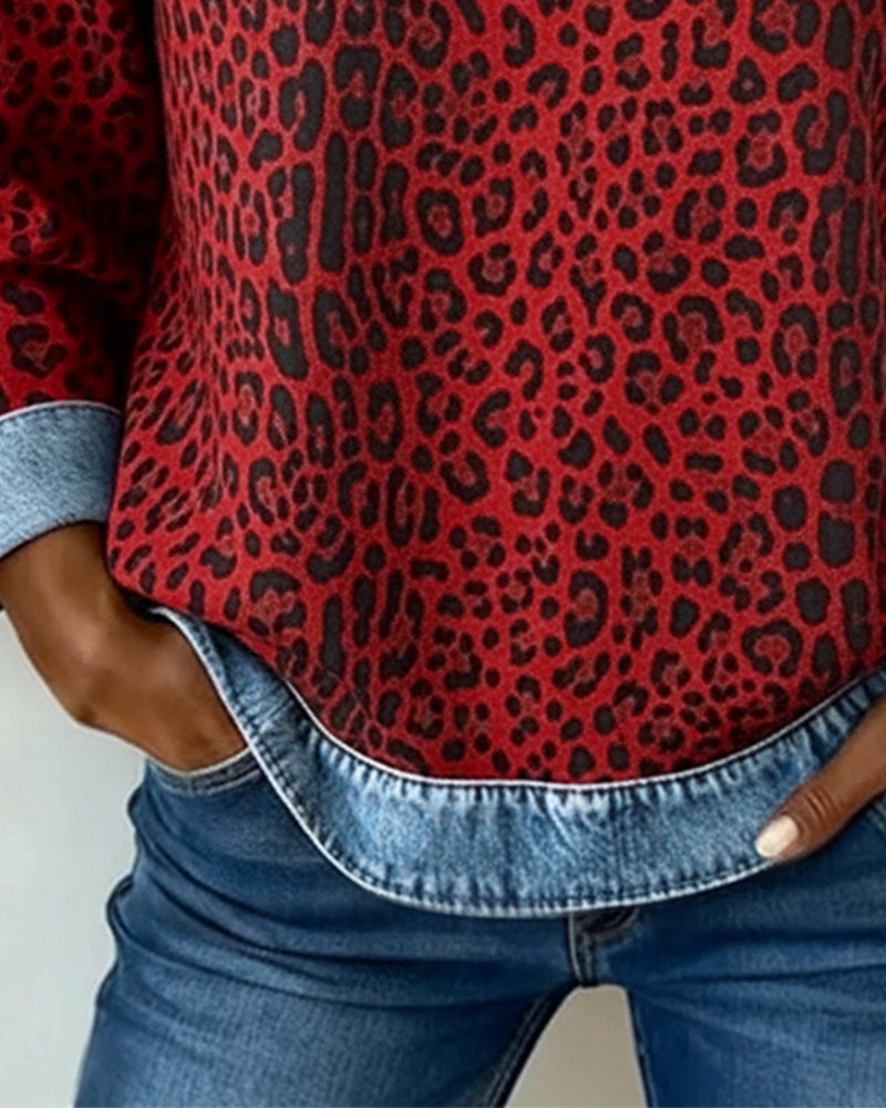 Leopard Print Denim Patchwork Pullover
