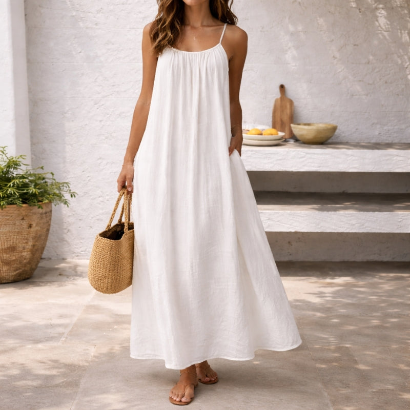 Effortlessly Spaghetti Strap Linen Gathered Neckline Pockets Breathable Maxi Dress
