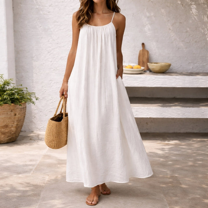 Effortlessly Spaghetti Strap Linen Gathered Neckline Pockets Breathable Maxi Dress