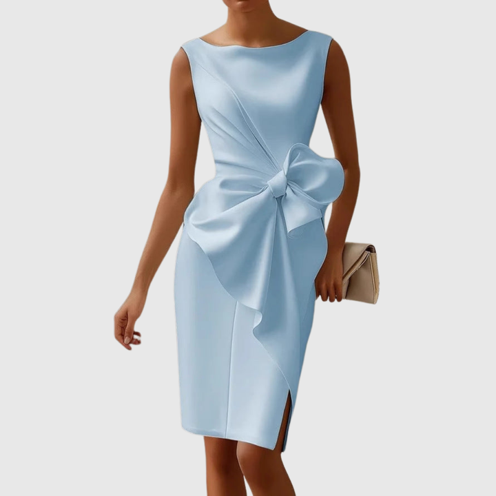 Luxurious Intricately Sculpted Bow Charmeuse Satin Cascading Draperies Midi Dress