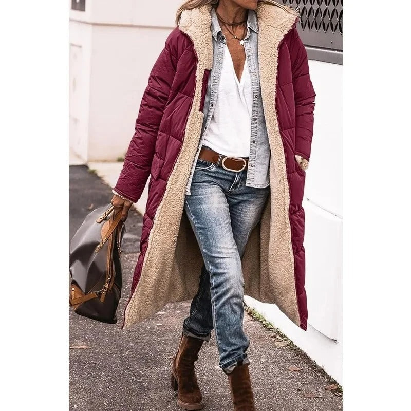 Stylish Long Down Jacket for Women with Sherpa Lining