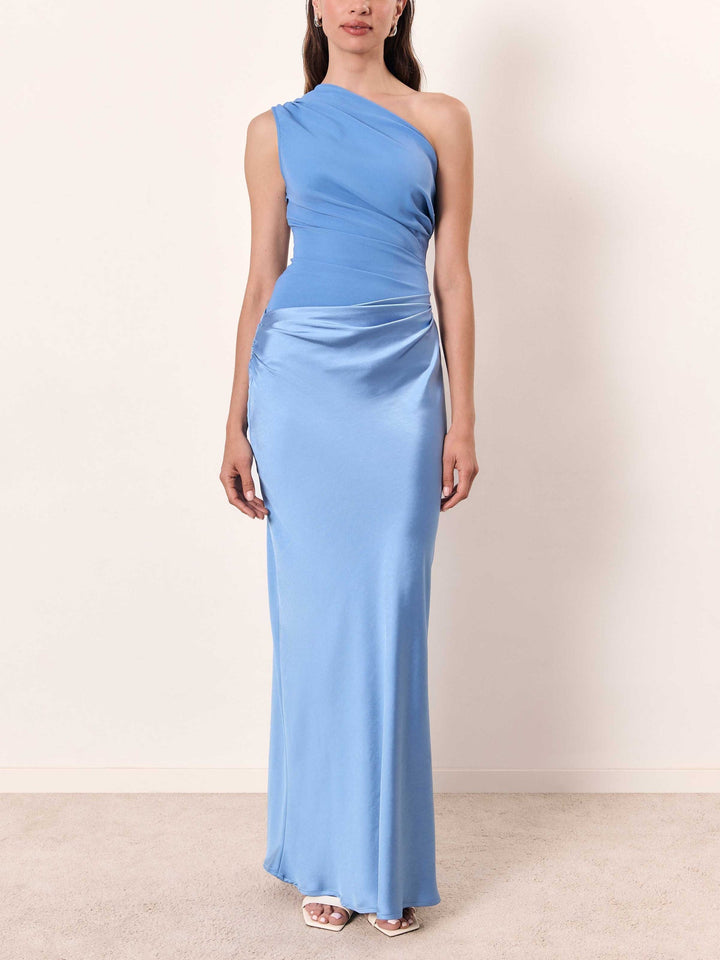 Exquisite One Shoulder Pleated Georgette Velvet Showstopper Silhouette Maxi Dress