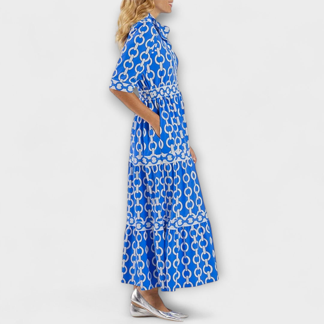 Elegant Smoothing Waistline Chain Pattern Tiered Silhouette Exquisite Midi Dress