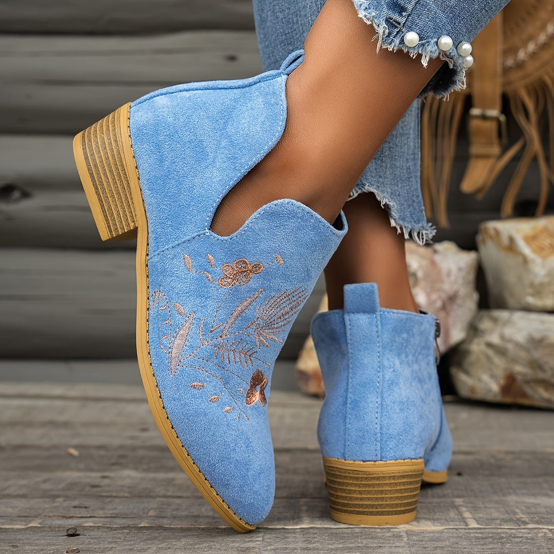 Isadora | Embroidered Low Heel Ankle Boots