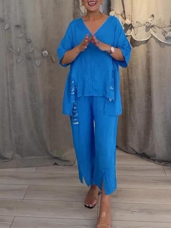 Valerie | Casual 2-Piece Set with V-Neck Top and Cropped Trousers